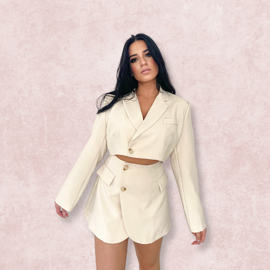 CREAM CROP BLAZER AND MINI SKIRT CO-ORD