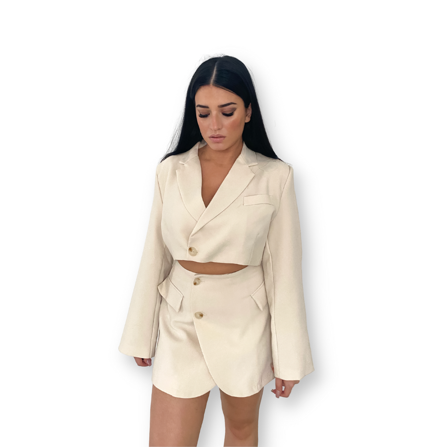 CREAM CROP BLAZER AND MINI SKIRT CO-ORD