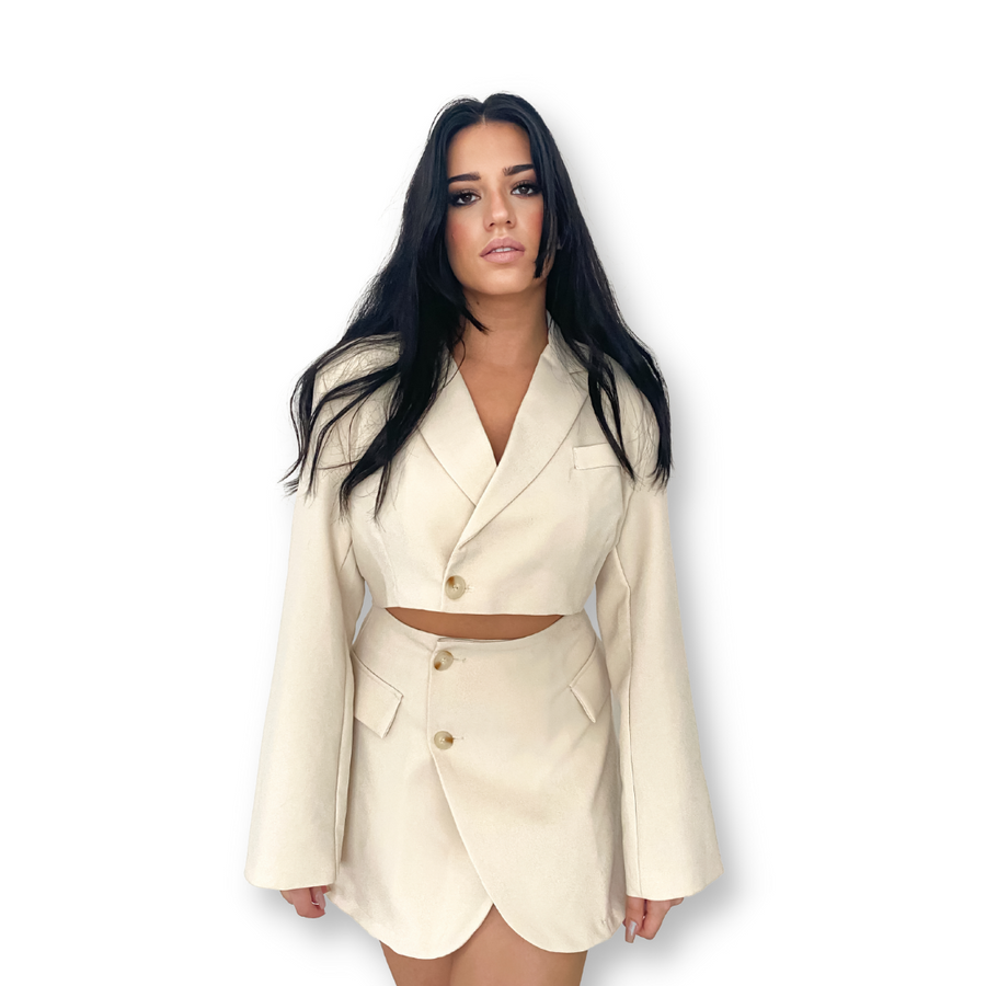 CREAM CROP BLAZER AND MINI SKIRT CO-ORD